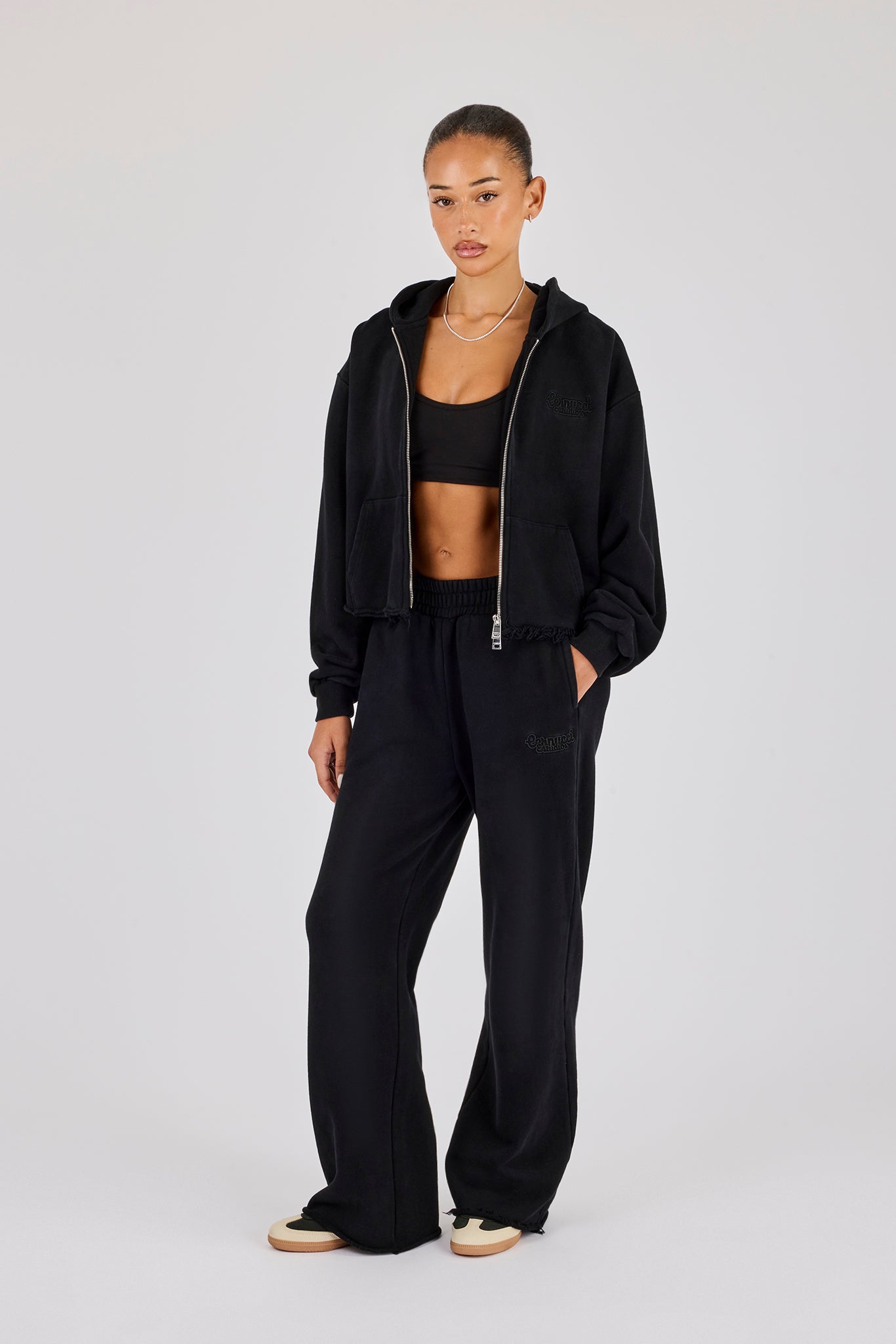 Womens Washed Boxy Fit Zip Through Hoodie & Wide Leg Jogger - Black